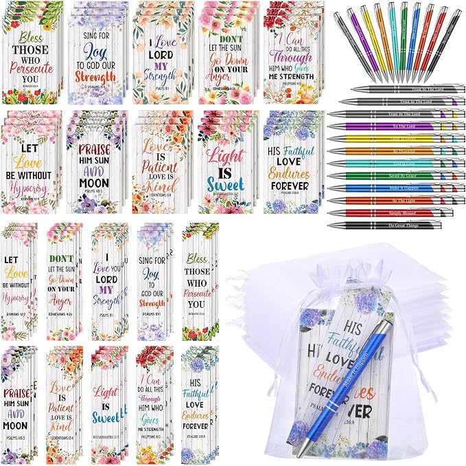 Sinmoe 120 Pcs Christian Bible Verse Sets Bulk Scripture Bookmarks Religious Ballpoint Pens Christian Notebooks & White Organza Bags for Church Wedding Women Men Party Favors Bible Study