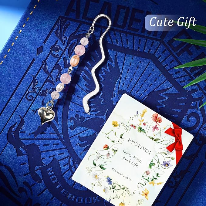 Vintage Metal Heart Pendant Bookmark with Natural Crystal Bead Chain–Elegant Bookmarks for Women,Men,Book Lovers,Teachers and Students(Rose Quartz)