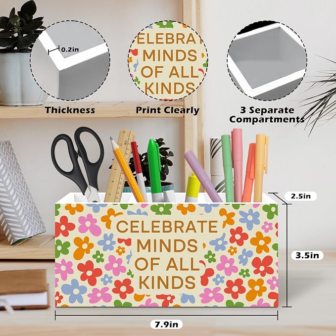 Retro Mental Health Floral Pen Holder, Therapy Office Pen Pencil Holder Organizer for Desk Accessories, Teacher Appreciation Gifts Wooden Box Desk Decor for Office Classroom Desk Decorations