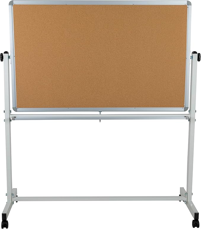 BizChair Reversible Mobile Cork Bulletin Board and White Board with Pen Tray, 53"W x 59"H