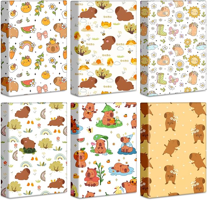 Fuyoooo 6 Pcs Stretchable Book Covers up to 9 x 11 Inches Nylon Fabric Jumbo Book Sleeves Washable Durable Reusable Cover Protector for Hardcover Textbooks Notebook (Capybara)