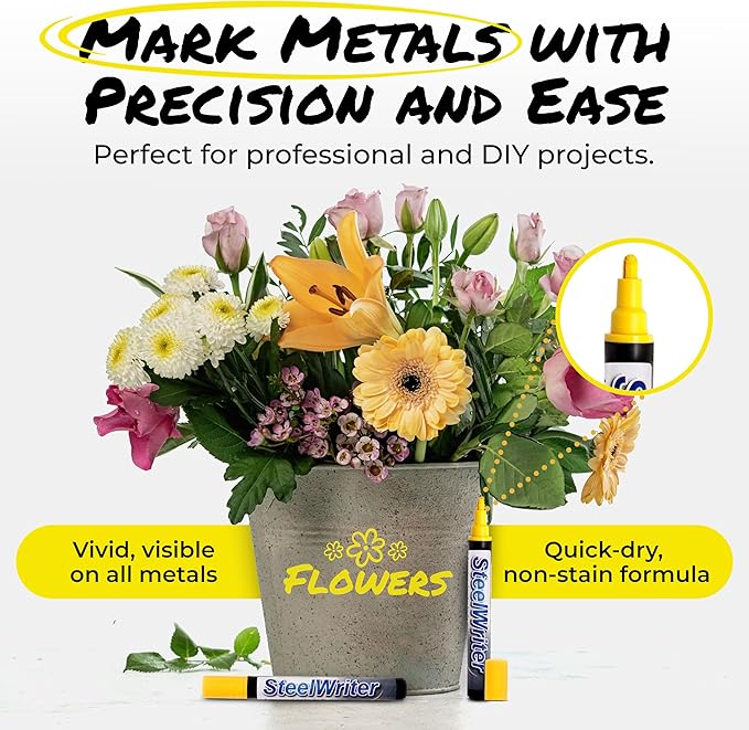 Metal Marking Paint Pen - Industrial Marker For Writing & Drawing on Steel and Metals - Washable Removable Paint Markers, Wet Erase Metal Paint, Yellow Paint Pen for Construction and Welders