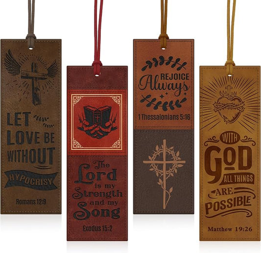 4PCS Leather Bookmark Bible Bookmarks for Reading Women Men Teacher Book Lovers Gifts, Handmade Vintage Religious Christian Bookmark Page Markers Inspirational Bible Verse Scripture Book Marks
