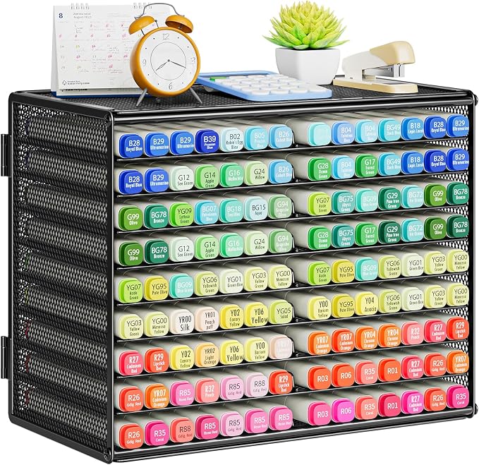Marbrasse Mesh Marker Organizer, Metal Desktop Storage Rack for 126 Markers, Pens, Pencils, 9 Tier Marker Holder for Office Classroom & Home Art Supplies(Black)