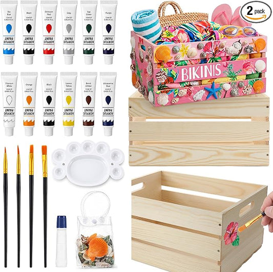Huwena 2 Pack DIY Bikini Box Kit- DIY Painting Bikini Bin, 16 * 12 * 8in Wooden Crates with Shells, Paint for Crafts Assembly Summer Pool Basket for Hawaiian Tropical Beach Storage(2 Pack)