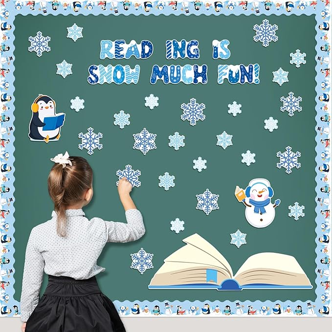 TaoBary 73 Pcs Winter Snowflake Bulletin Board Set Snowflake Penguin Snowman Umbrella Cutouts Learning is Snow Much Fun Bulletin Board Decorations for School Home Chalkboard Wall Decor (Cute)