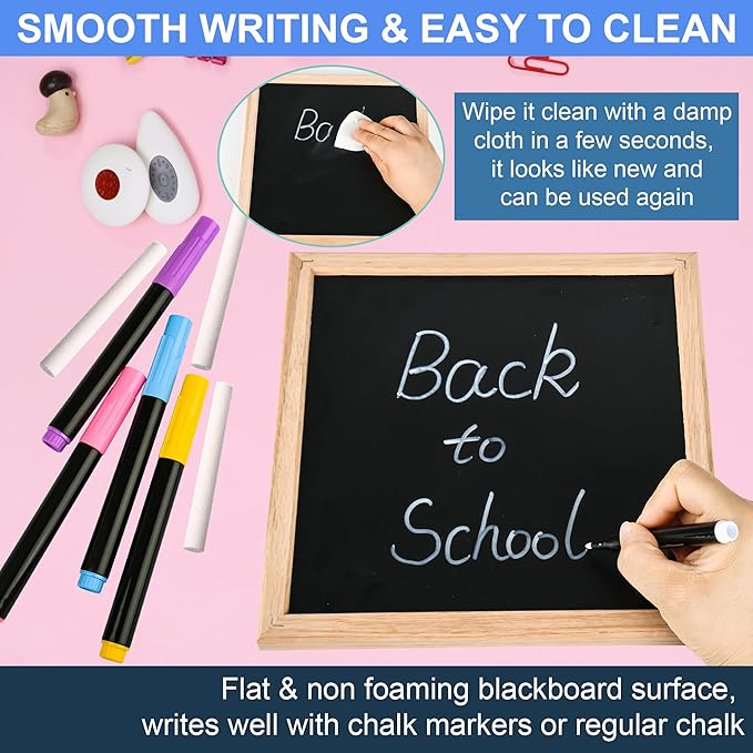10" x 10" Double Sided Chalkboard Sign with Stand, Small Chalk Board Blackboard Wood Frame Felt Letter Board with 12 Chalk Markers and 340 Letters (Natural Wood)