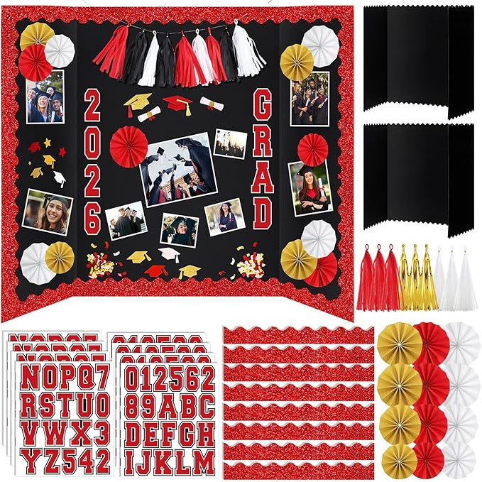 31 Pcs Graduation Photo Display Board Decoration 40"x28" Trifold Poster Board Graduation Themed Stickers Grad Fan Tassel Garland for 2026 Grad Party College Picture Frame (Red Black White)