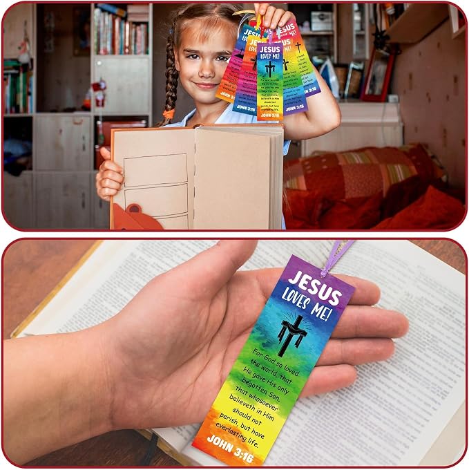 Jetec 60 Pcs Religious Bookmark for Kid Christian Bookmarks Jesus Loves Me Bookmarks John 3 16 Christian Gifts Bible Verse for Sunday School Church Summer Party Reading Rewards
