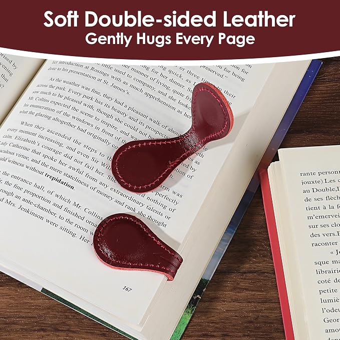 Magnetic Leather Bookmarks Book Marks for Reading Women Men Book Lovers Readers (Dark Red)