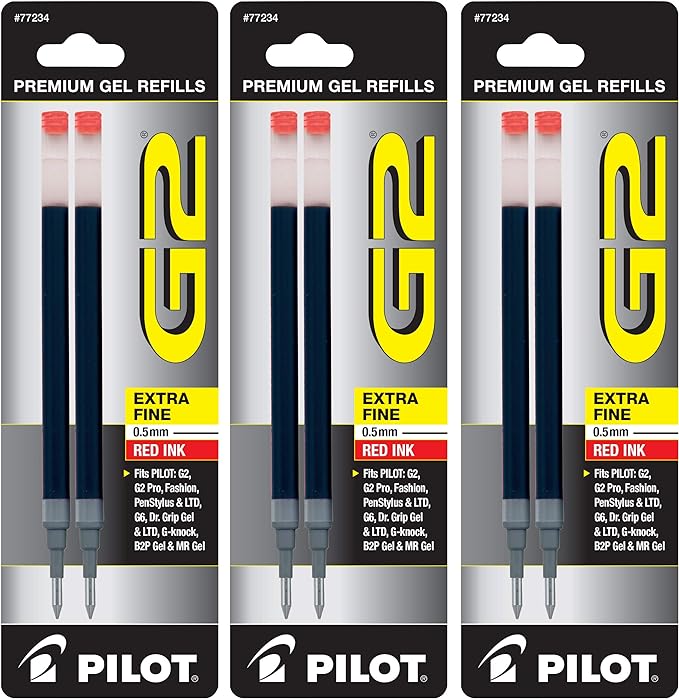 Pilot, G2 Gel Ink Refills, Extra Fine Point 0.5 mm, Red, Pack of 6