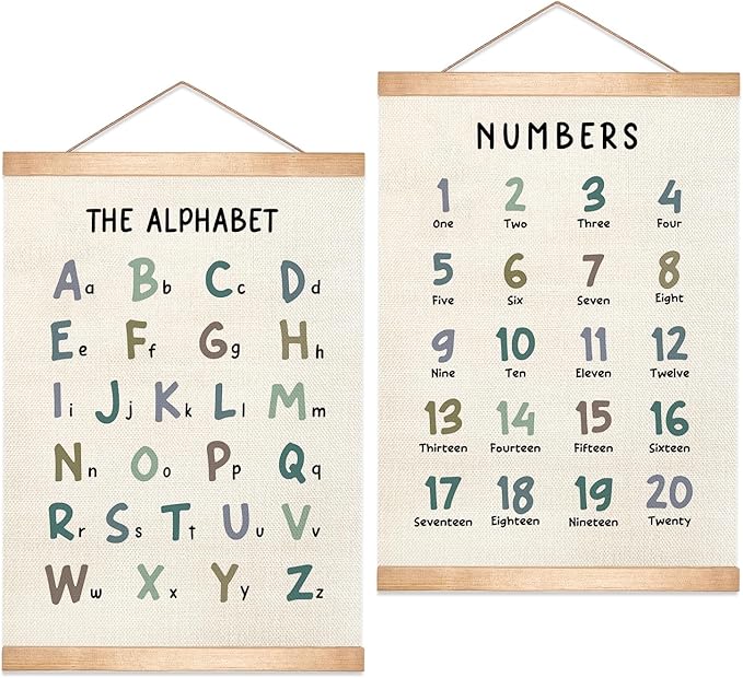 HEYJEEPER Alphabet and Numbers Learning Posters Set of 2,18.5x14 Inch Linen&Canvas Educational Wall Art with Wood Hanger, ABC 123 Chart for Toddlers Classroom Nursery Playroom Decor (Colored Font)