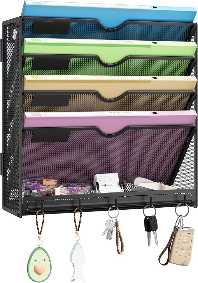 Hanging Wall File Organizer 5-Tier Wall Mount Mail Organizer & Desk Paper Organizer, Sleek Black Metal File Folder Holder for Office, Cubicle (Black-5 Tier)