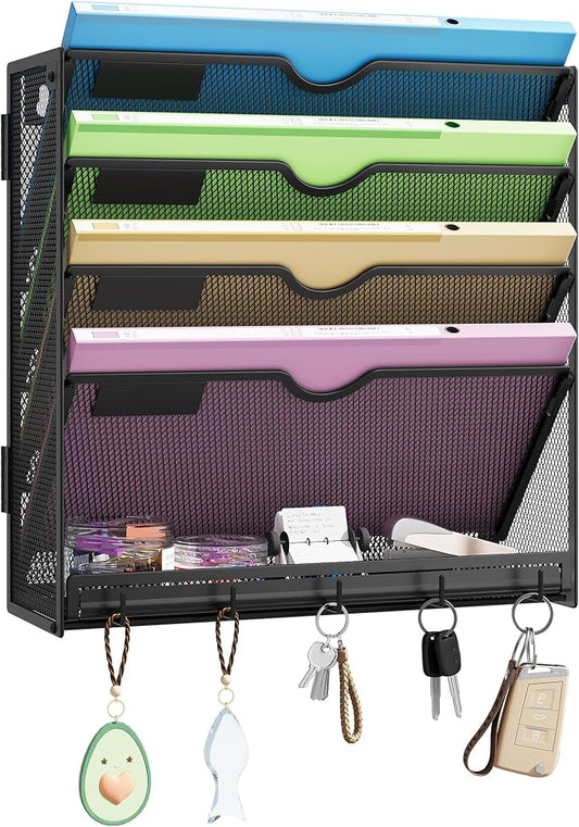 Hanging Wall File Organizer 5-Tier Wall Mount Mail Organizer & Desk Paper Organizer, Sleek Black Metal File Folder Holder for Office, Cubicle (Black-5 Tier)