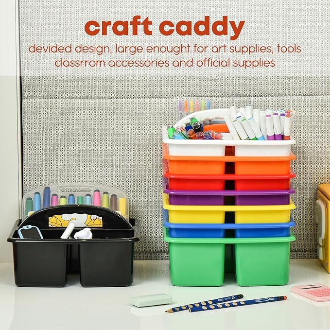 ALINK Plastic Classroom Caddy Organizer with Handle, 6-Pack 3 Compartments, Teacher Supply Storage Caddy for Classroom Organization, Table, Desk, Office, Craft Art for Kids - Black