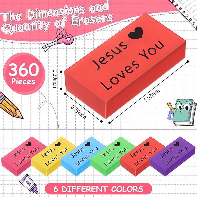 Resurhang 360 Pcs Jesus Loves You Erasers for Kids Colorful Christian Pencil Erasers Bulk, Valentines Religious Party Gifts Favors Bulk for Students Classrooms Drawing Sunday Church Supplies