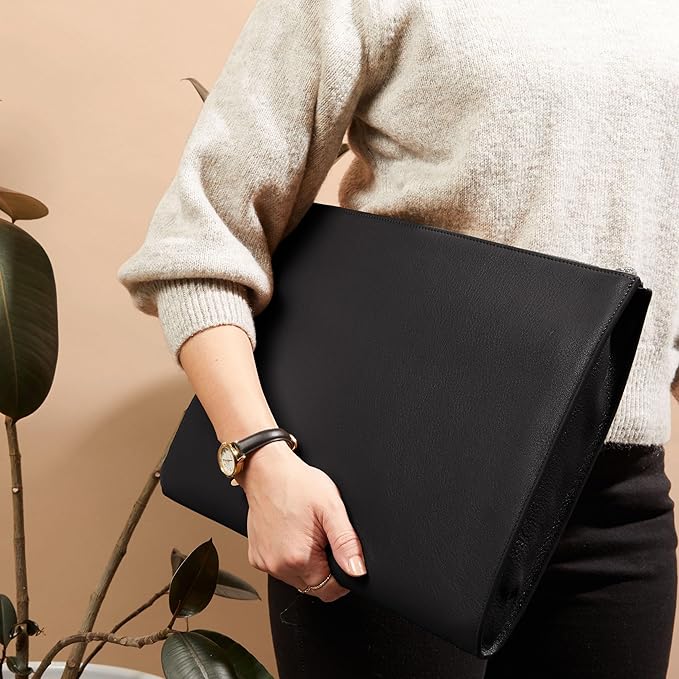 Leatherology Black Onyx Gusseted Document and Laptop Holder – Full Grain Leather Case for 13" & 15" Laptops with Expanding Pocket, Pen Slot & Microsuede Lining