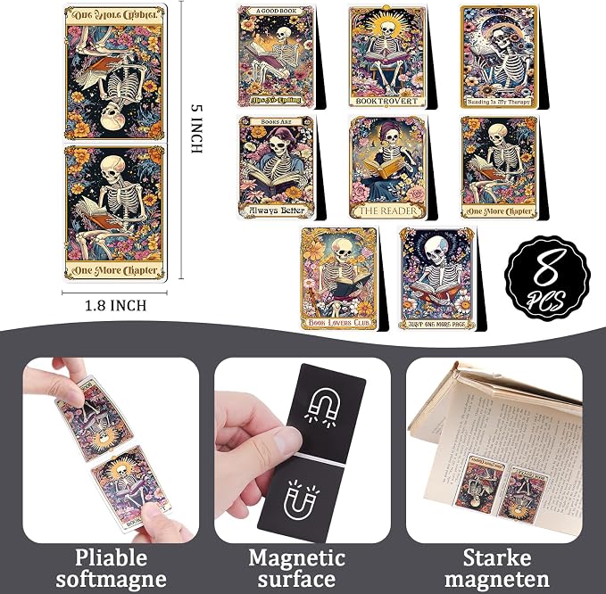 Skeleton Gothic Magnetic Bookmarks - 8 PCs Funny Horror Goth Book Marks Accessories Reading Lovers Cool Unique Fantasy Dark Romance Page Clip Essentials Gifts for Women Men Readers Bookish