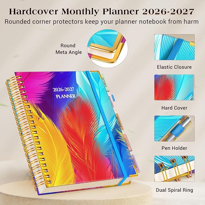 Planner 2026-2027, 18 Months Weekly and Monthly Daily Planner from January 2026 - June 2027, 5.75" x 8.38" A5 Hardcover Agenda Organizer Book 2026 with Tabs, Spiral Yearly Calendar Planners for School Work Home, Colorful Feather