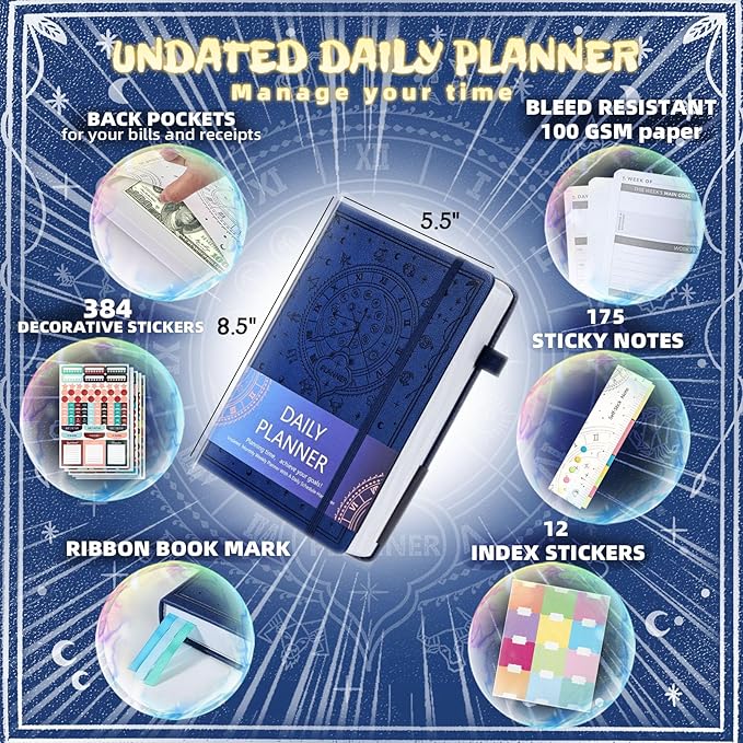 Undated Academic Planner Hardcover (5.5x8.5") - Flexible Weekly & Monthly Organizer with Stickers, Productivity Journal for Students & Professionals(Navy Blue)