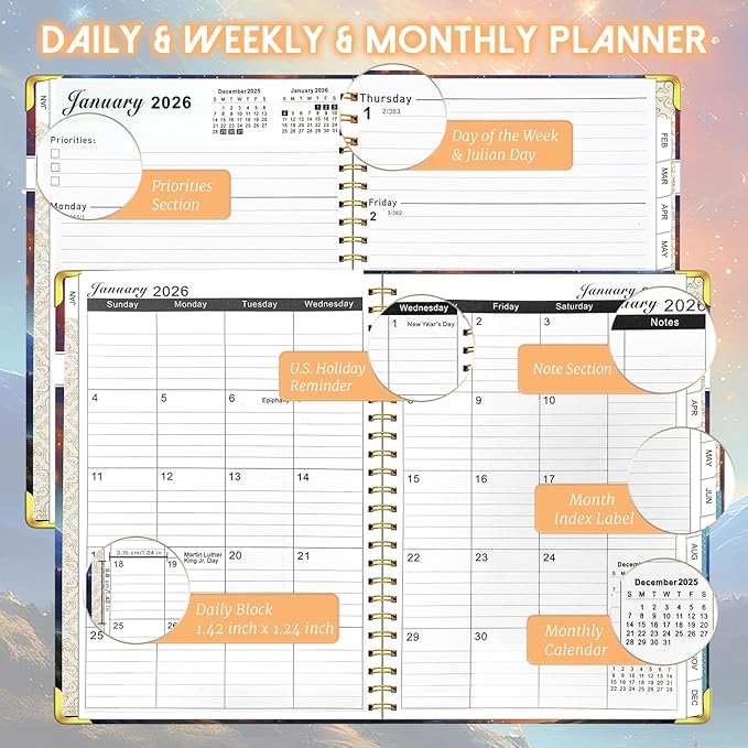 2026 Monthly Planner - Weekly Planner 2026 form Jan 2026 - Dec 2026, Daily Planner 2026, Academic Planner 2026 with Monthly Tabs, Inner Pocket, Note Pages