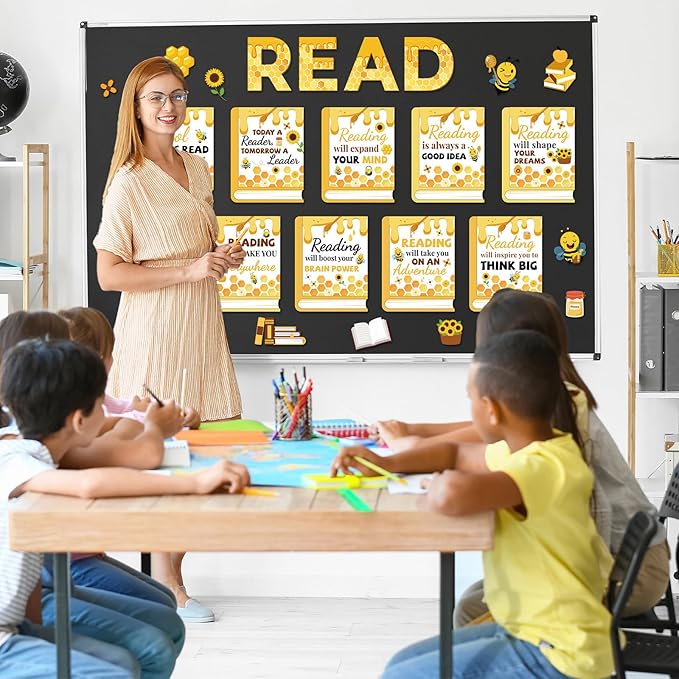 Qyeahkj Bee Reading Bulletin Board Poster for Classroom Motivational Bulletin Board Bumble Bee Sunflower Cutouts Elementary Educational Prints Poster for Teachers Kindergarten Preschool Library