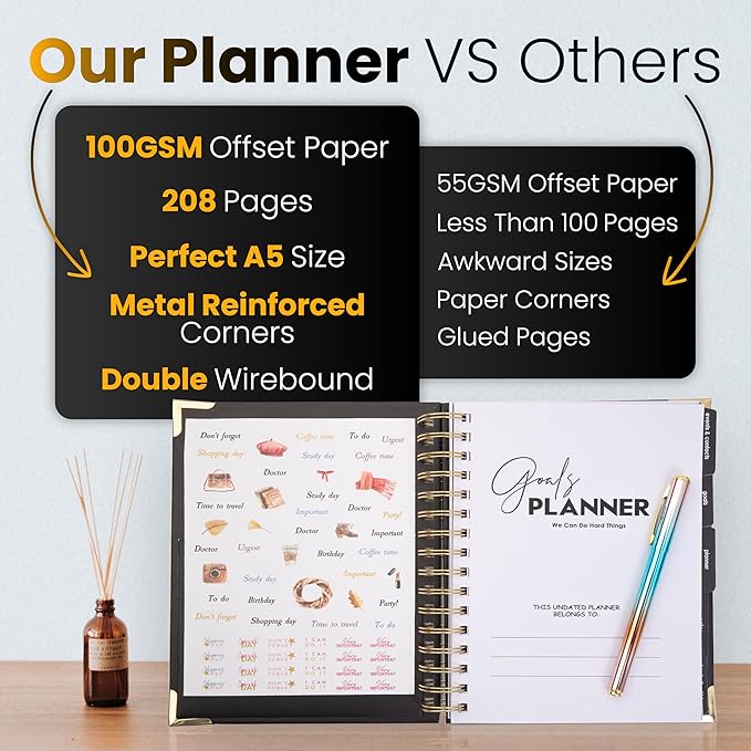 Daily Planner Undated - Aesthetic Undated Planner Notebook with To-Do List- Project Management Planner for Easy Organization and Task Boosting Productivity- 208-pages-A5 goal planner with pen