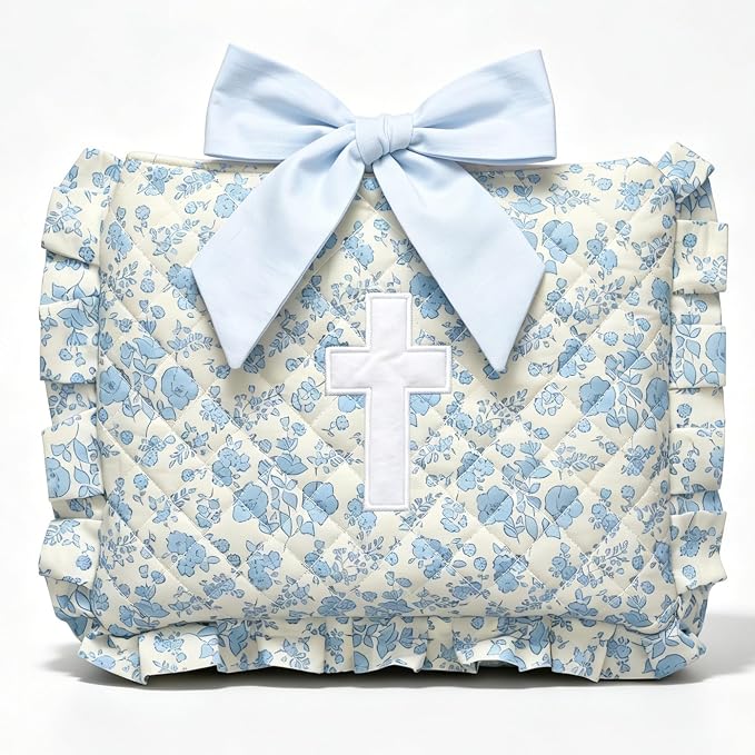 Honoson Quilted Bow Bible Sleeve Cover Case Padded Protector Washable Bible Bag Pouch Christian Gift for Women Girls Book Lover Gifts(Blue Floral Cross)