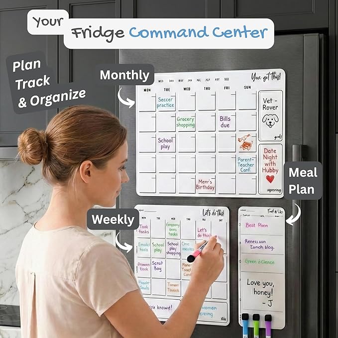 Magnetic Dry Erase Calendar for Fridge – 3 Pack Monthly Whiteboard Meal Planning Board w/4 Markers – Daily Task, Weekly Planner & Schedule Board for Refrigerator, Kitchen & Office Use