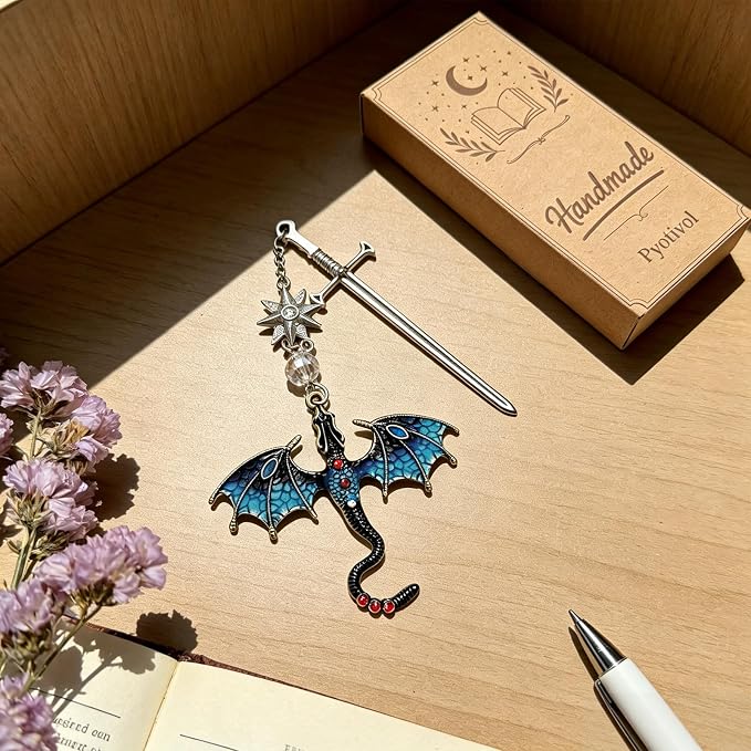 Vintage 4th Wing Blue Dragon Bookmark, with Sword Pendant Wings of Fire, Cool, Unique Bookmarks for Reading Women, Men, Book Lovers, Girls, Teens, Teachers and Students