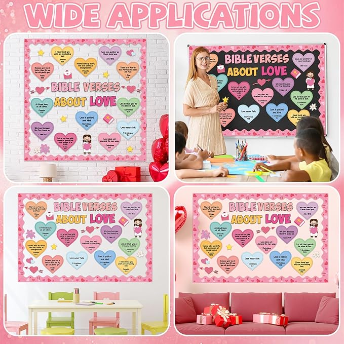 Valentine's Day Bulletin Board Decoration Colorful Heart Bible Verse Cutouts Valentines Jesus Religious Bulletin Board for Christian Valentine Office Chalkboard Sunday School Classroom Wall Decor