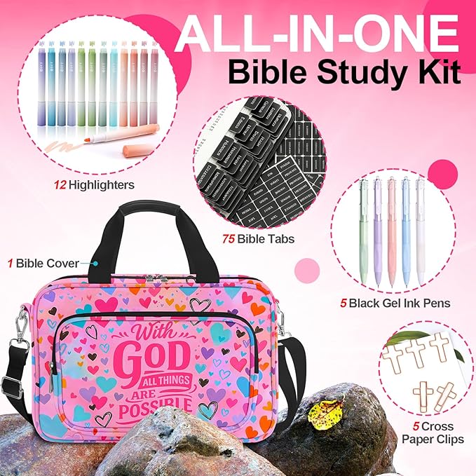 Large Bible Cover for Women,Bible Carrying Case,Bible Bag for Girl Kid,Heart Bible Holder Organizer,With God All Things Are Possible,Bible Study Supplie Kit With Highlighters,Tabs,Pens,Christian Gifts