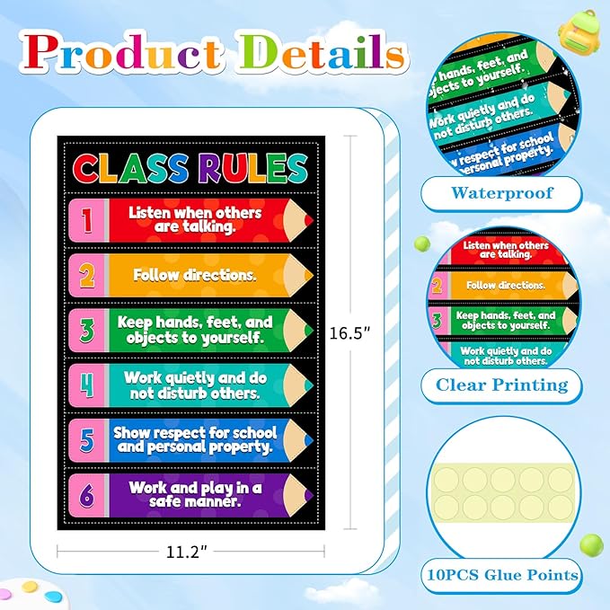 D4DREAM Classroom Rules Poster - 11.2''x16.5'' Colorful Classroom Educational Poster Teacher Must Haves for Classrooms Elementary Preschool Kindergarten Decorations Back to School Teacher Supplies