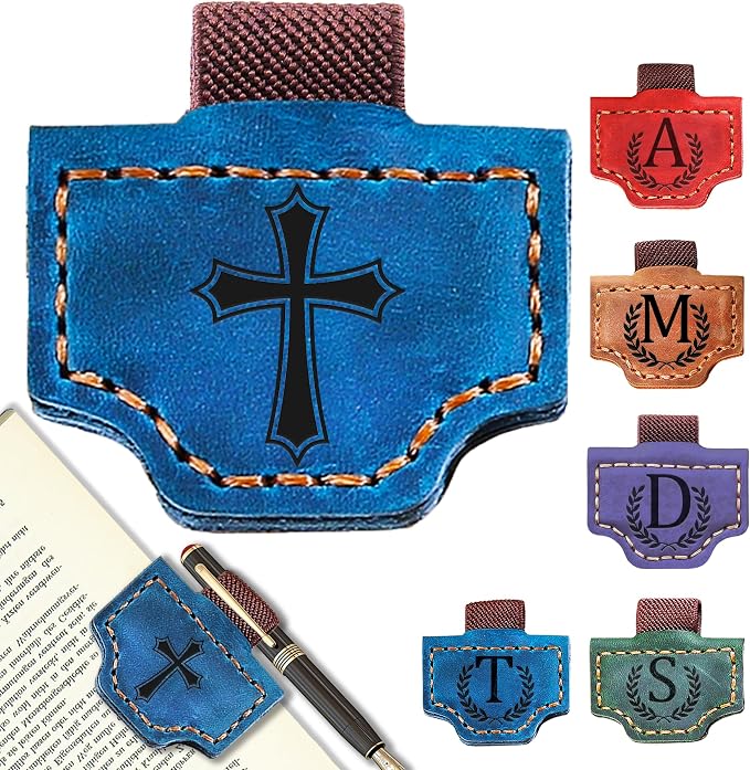 Personalized Leather Magnetic Bookmark with Pen Holder, Bookmark 26 Letters Name Initial Bookmarks for Readers, Book Lover Gifts for Women Men Notebook Accessories (Blue, Cross)