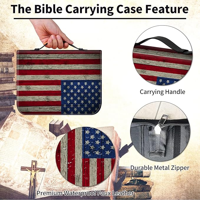 Bible Cover for Men,Large Leather Bible Case Fit Book Up to 11x8x2 Inch,Retro American Flag Bible Covers Bible Study Carrier Church Bags w/Handle & Zipper