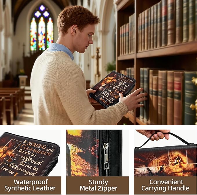 Bible Cover Case for Men Large Armor of God Bible Carrying Case with Durable Handle & Zipper Bible Study Accessories for Boys - Lion