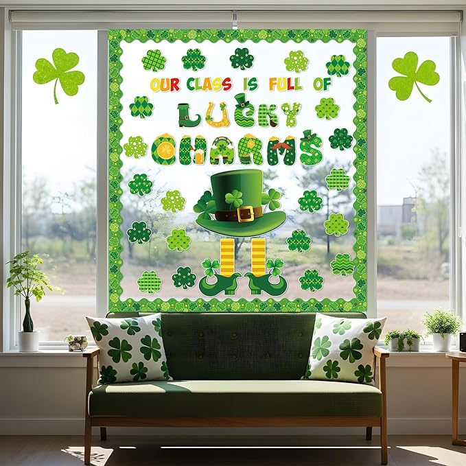 St.Patricks Day Bulletin Board Decorations Set Lucky Shamrock Borders Cutouts Our Class is Full of Lucky Charms Bulletin Board Borders for Green Irish Holiday School Home Chalkboard Wall Door Decor