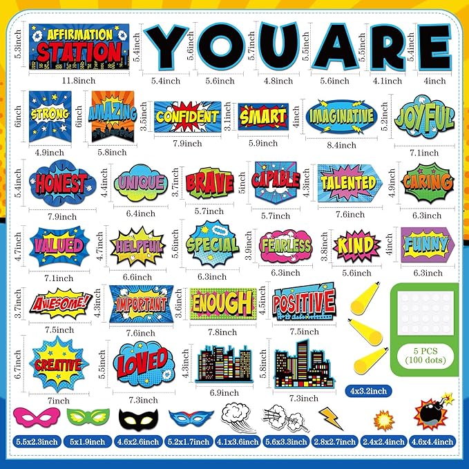 45 Pcs Hero Affirmation Station Bulletin Board Set Motivational Posters Classroom Mirror Growth Mindset Decor Positive Affirmations Accents Cutouts for School Office Home Teacher Wall