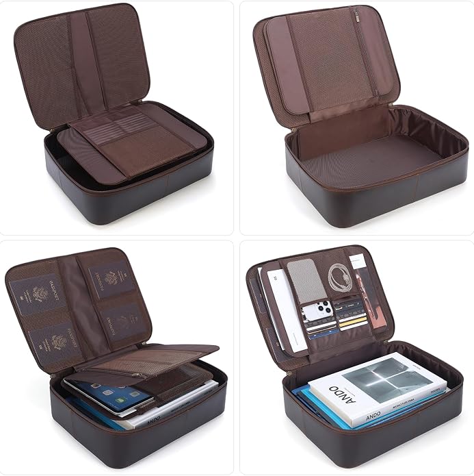 Polare Full Grain Leather Document Organizer Bag Storage Cabinet Box Portable Home Business Safe Folder with Lockable YKK Zipper