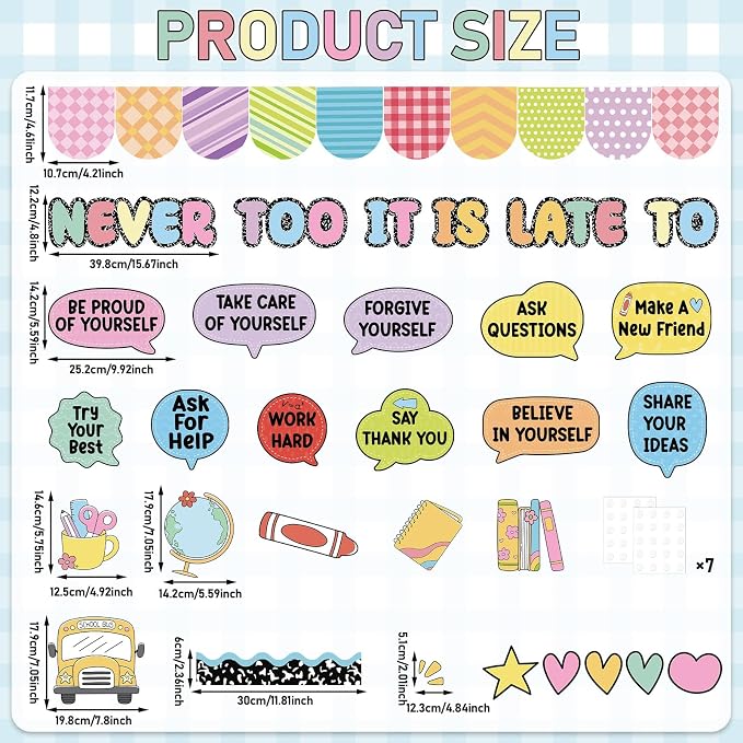 Back to School Bulletin Board Set Inspirational Composition Notebook Classroom Decoration It is Never Too Late Bulletin Board Motivational Positive Paper Cutout for First Day of School Home Wall Decor