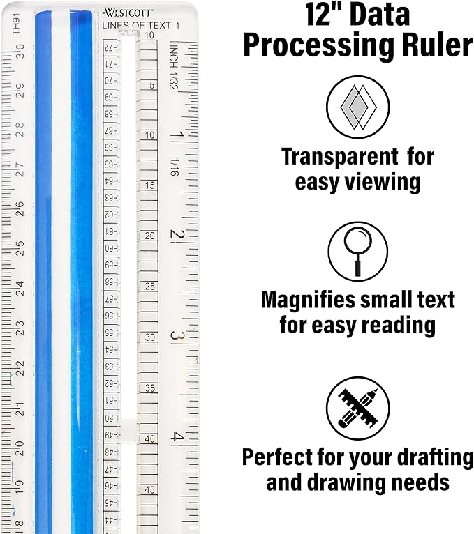 Westcott Data Processing Magnifying Ruler, 2X Magnification, 1/16-Inch & Tenths Scales, Back-to-School, School Supplies, Classroom Supplies, 12-Inch