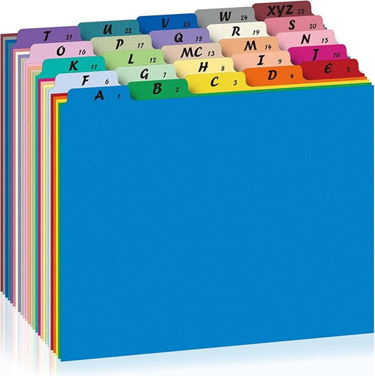 1 Set 25 Pcs Alphabetical File Organizer 25 Colors A-Z Top Tab Alphabet File Cabinet Dividers Letter-Size 1/5 Cut Tab File Folder Guide 500 GSM Heavyweight Manila Cardboard for Office Home School Desk