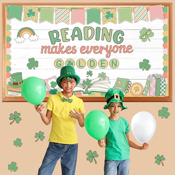 St. Patrick's Day Reading Bulletin Board Motivational Reading Bulletin Board Decor Lucky Shamrock Rainbow Gold Coin Paper Cutouts for St. Patrick Party Supplies Classroom Library Inspirational Decor