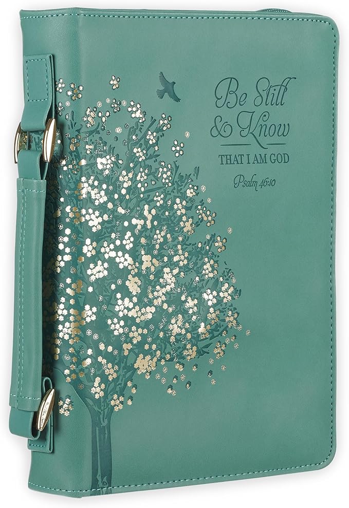 Christian Art Gifts Fashion Vegan Leather Bible Cover for Women: Be Still & Know Inspirational Bible Verse, Teal Floral, Large