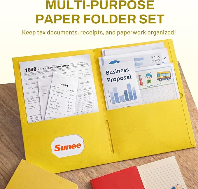 SUNEE Folders with Pockets, 50 Pack File Folders with Business Card Slot, Textured Paper, Fit Letter Size Paper, Paper File Folder for School Office Home Business, Yellow
