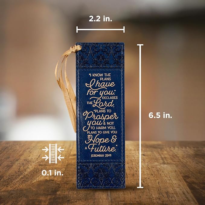 Christian Art Gifts Navy Blue & Gold Premium Vegan Leather Scripture Bookmark for Women: I Know the Plans - Jer. 29:11 Inspirational Bible Verse w/Dark Golden Satin Ribbon & Debossed Floral Design
