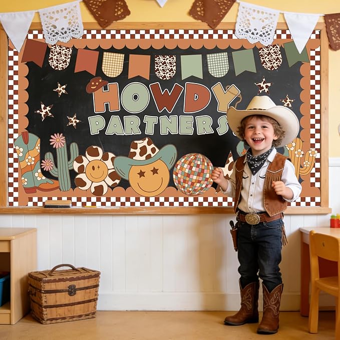 AnyDesign 76 Pcs Western Cowboy Bulletin Board Decoration Brown Wild West Howdy Partners Paper Cutouts with 150 Pcs Glue Points for Holiday Party Classroom Wall Decor