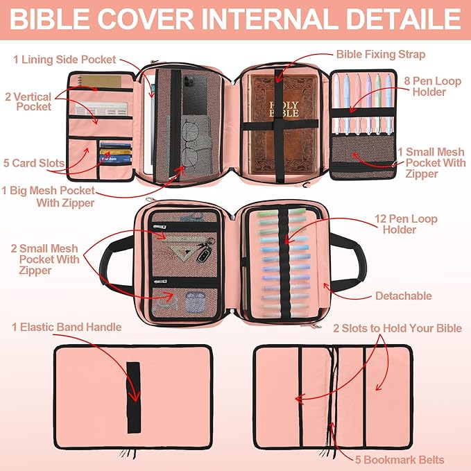 Large Bible Cover Case for Women, Book Carrying Case with Highlighters Tabs Pens, Bible Bag for Girls Organizer, Bible Holder Bible Study Supplies Journaling Kit, Christian Gifts Pink