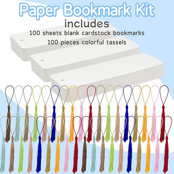 DSYIL 100 Set Blank Bookmarks with Colorful Tassels, White Cardstock Bookmarks Bulk, Craft Paper Book Marks for DIY Projects and Gifts Tags, 5.5 x 2 Inch