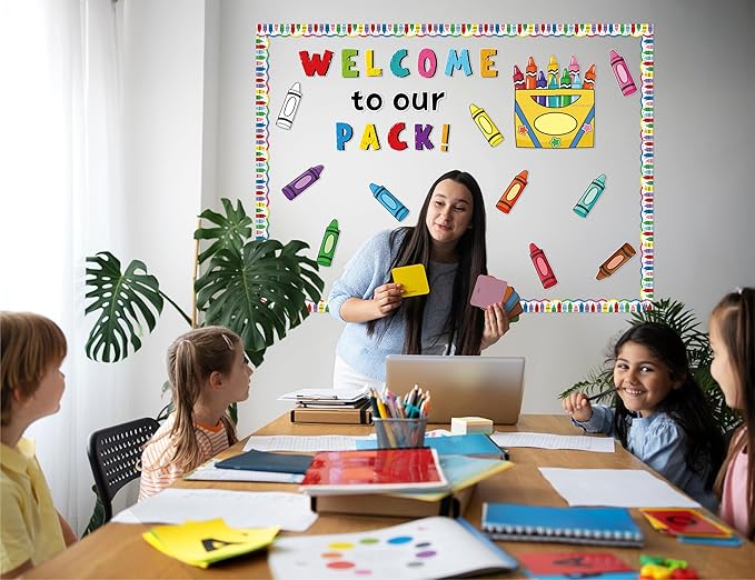 87Pcs Classroom Bulletin Board Decorations Set，Back to School Crayon Themed Classroom Decor Colorful Crayons Name Tags with Border, for School Classroom Door Home Wall Decorations Party Supplies
